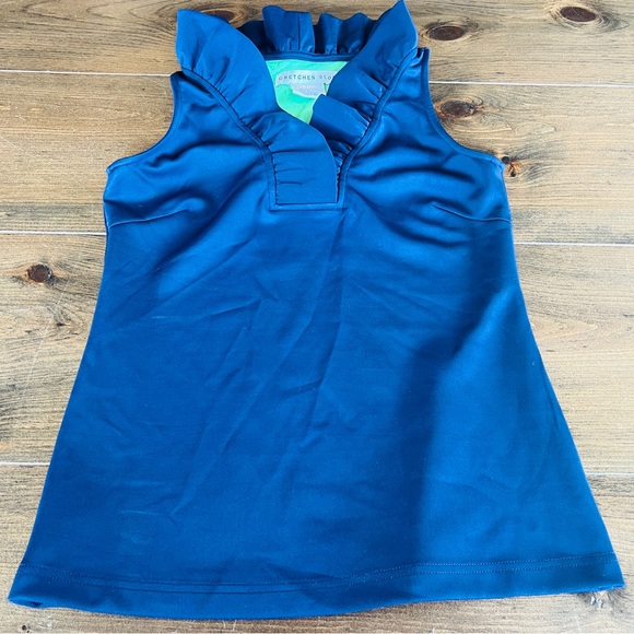 Gretchen Scott Blue Ruffle Neck Top - Picture 1 of 6